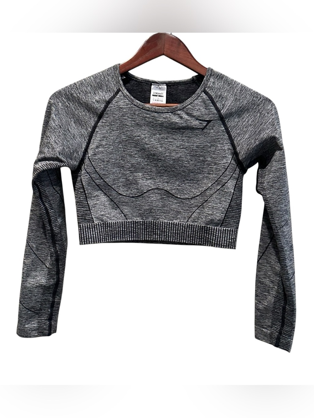 Gymshark Women's Gray Cropped Long Sleeve Top Athletic Fit Stretch Logo M